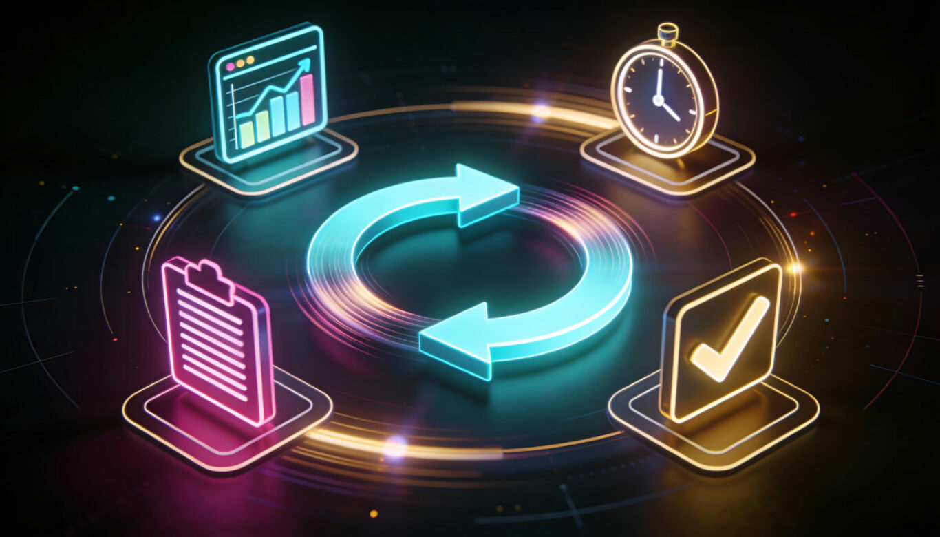 Premium digital illustration of AI shortening feedback loops for faster iteration with glowing neon circular arrows and icons for real time analytics pacing and validated results