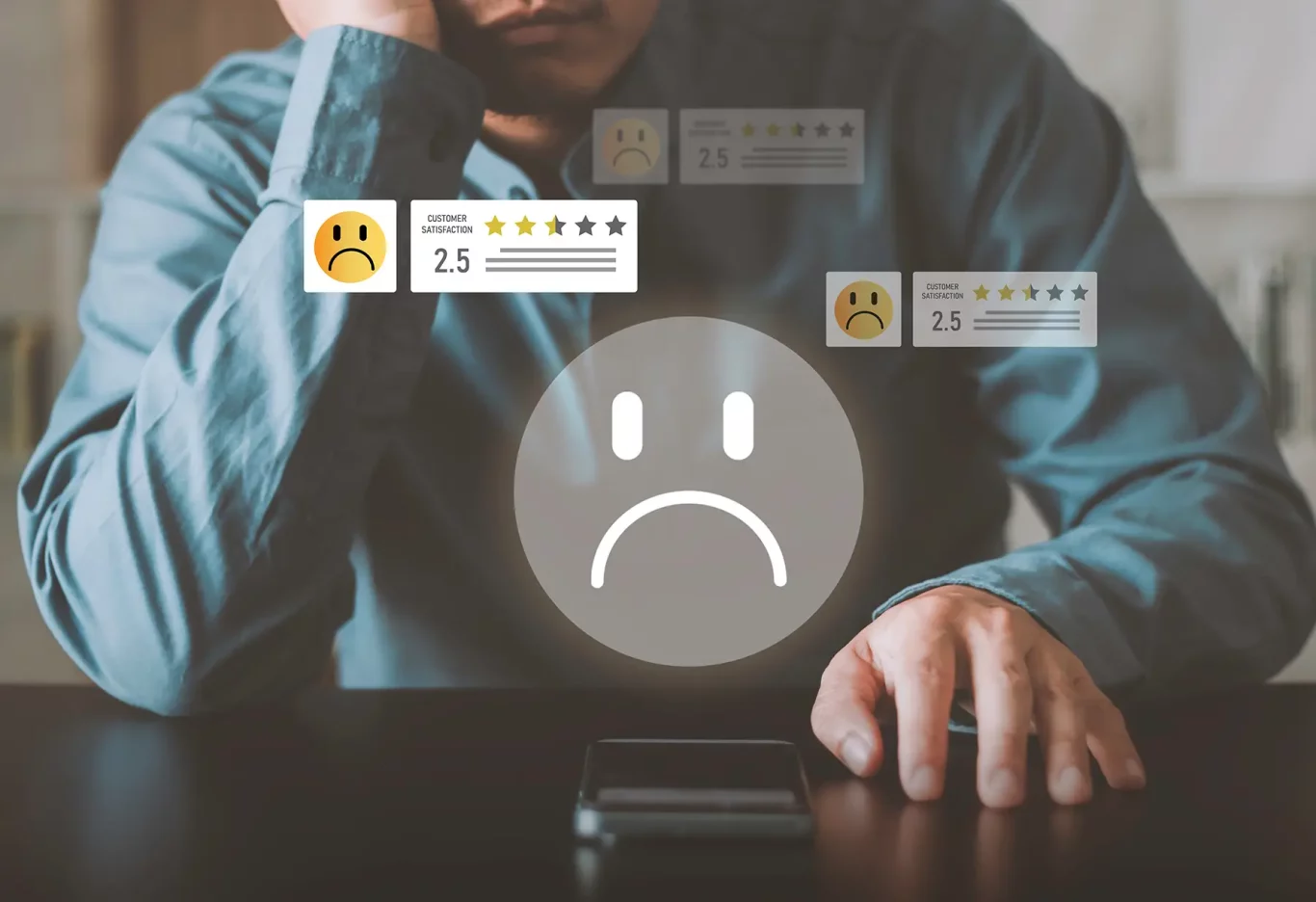 Bad review, low score, client dissatisfaction, reputation risk. Negative customer satisfaction concept, low rating and sad feedback. Man reviewing poor service experience on smartphone