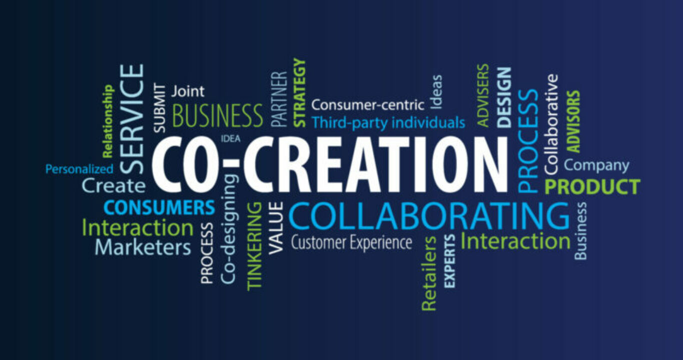 Co-Creation Word Cloud on a Blue Background