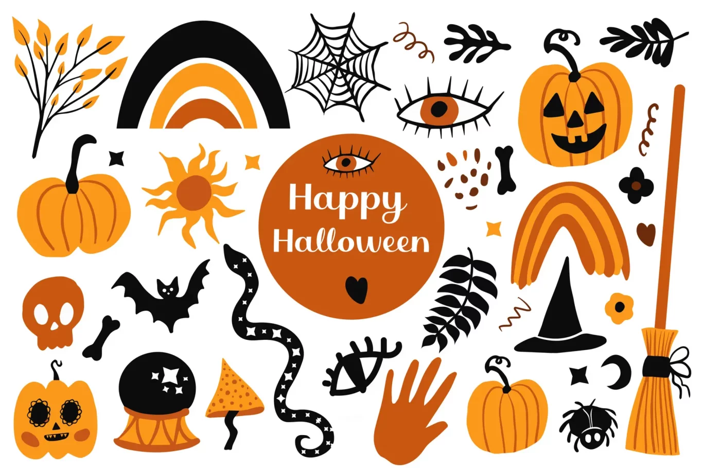 Happy halloween Boho abstract set. Bohemian mystical magic collection clip art hand drawing style. creative contemporary aesthetic doodle elements . Vector illustration.