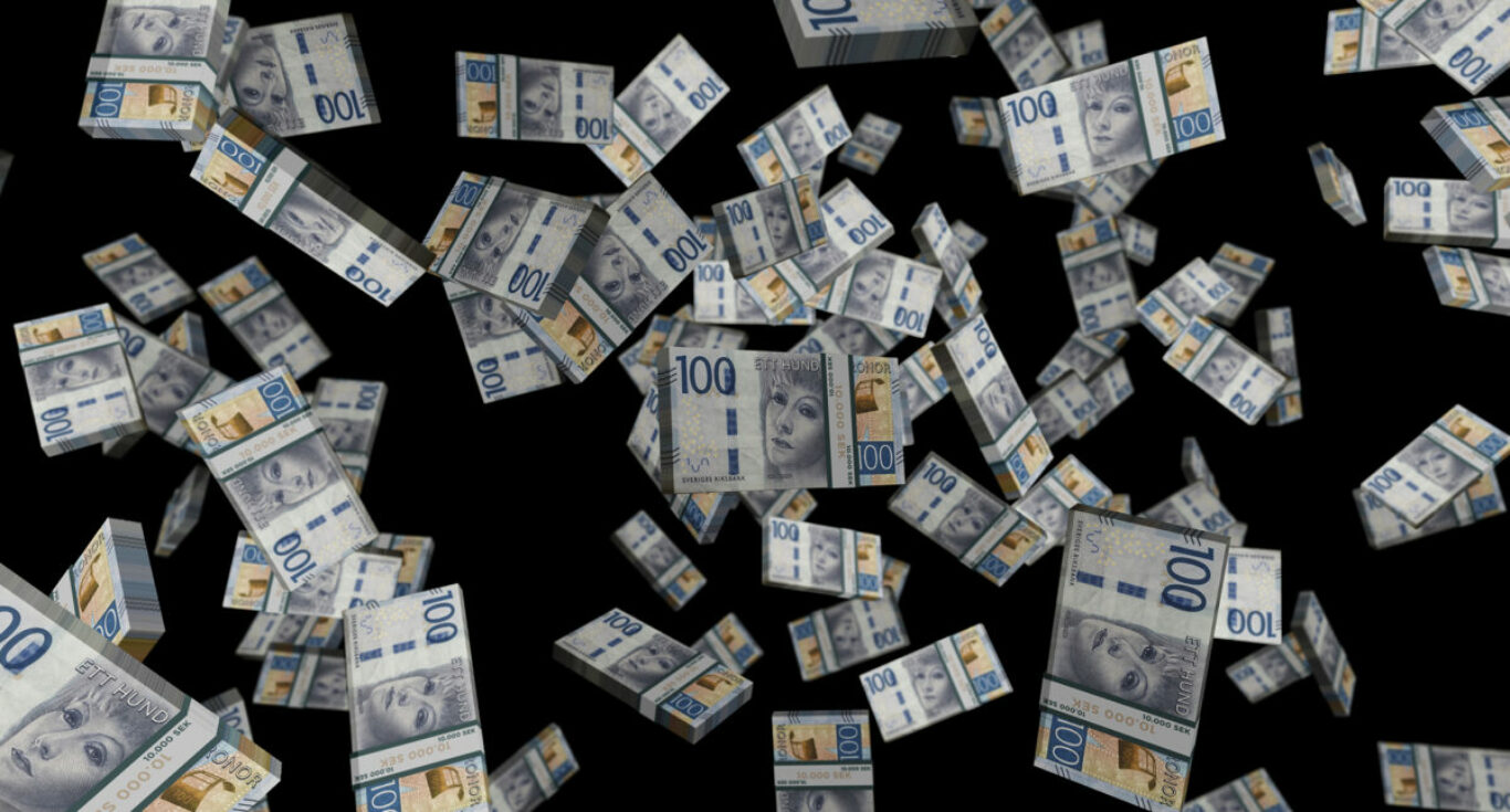 Krona 100 SEK banknote. Sweden money note currency. 3D illustration abstract concept of business, economy, finance, crisis and banking.