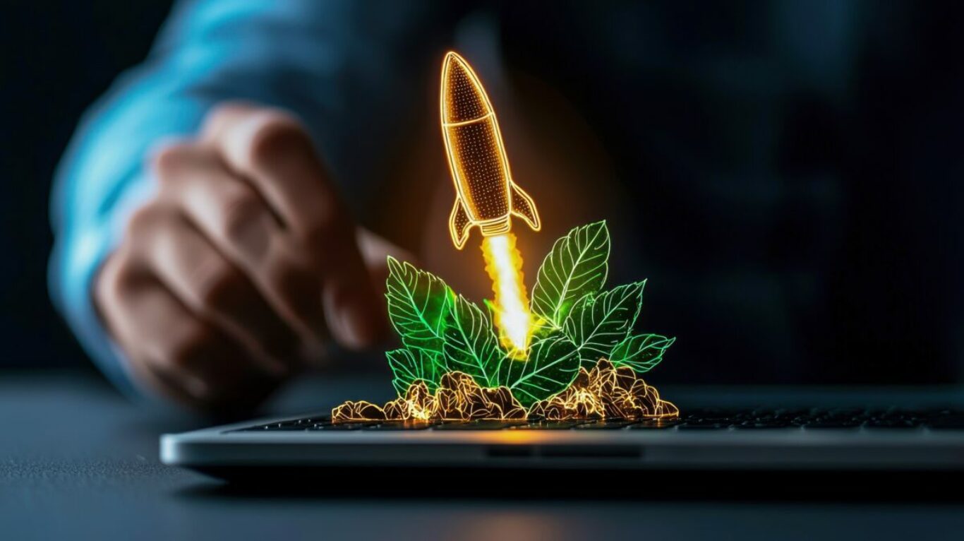 A digital concept of a rocket launching from green leaves, symbolizing innovation, growth, and sustainability in technology.