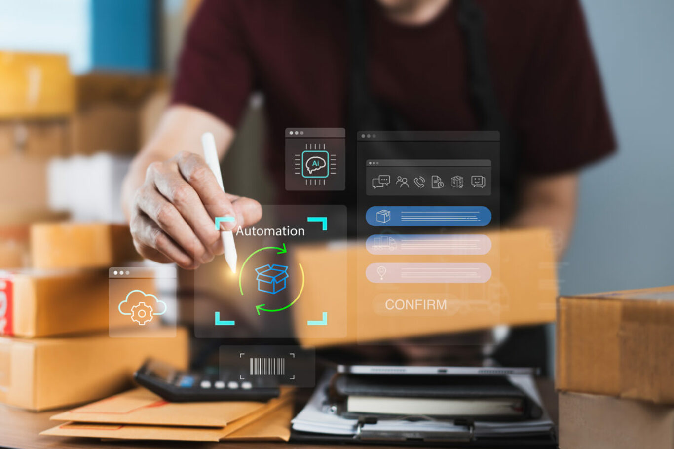 E-commerce seller using digital pen to activate AI-driven automation system on tablet, with smart logistics, barcode, and cloud icons, representing optimized order fulfillment and intelligent inventory control