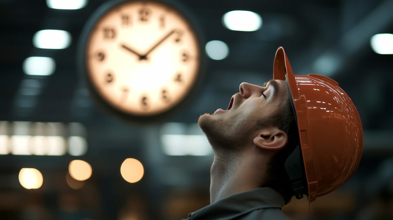 Factory worker yawning on an assembly line as clock nears midnig