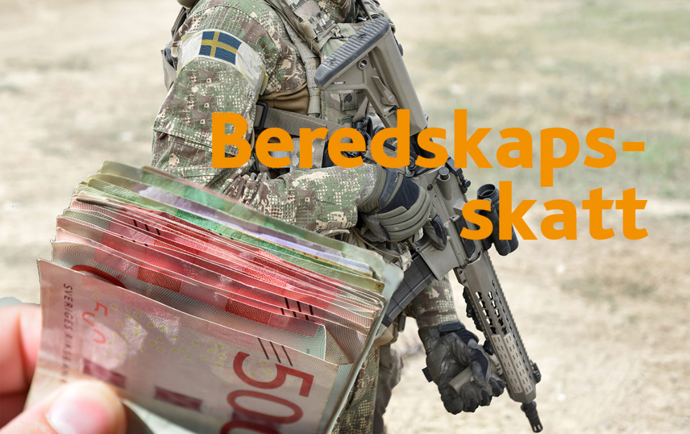 Soldier with assault rifle and flag of Sweden on military uniform. Collage.