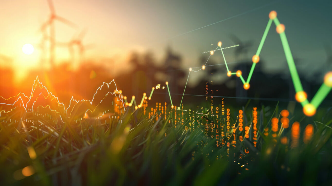 A graph depicting an upward and downward trend in the foreground, with wind turbines in the background, conveying a green energy theme. The sun is setting, and a blurred grass field is in front of the rows of turbines. A stock market chart is shown moving upwards, with a photorealistic, cinematic, and futuristic style. --ar 25:14 --v 6 Job ID: 25d70048-a691-4894-aeb4-60c058353229