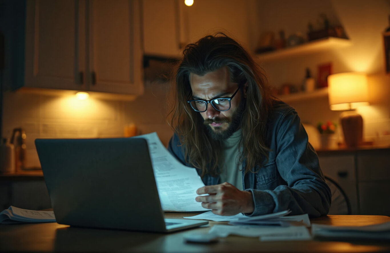 Young man with long hair, beard, glasses intently checks paper invoice. Sits at kitchen table, laptop screen glowing. Many bills surround late at night. Worries about urgent payments serious money