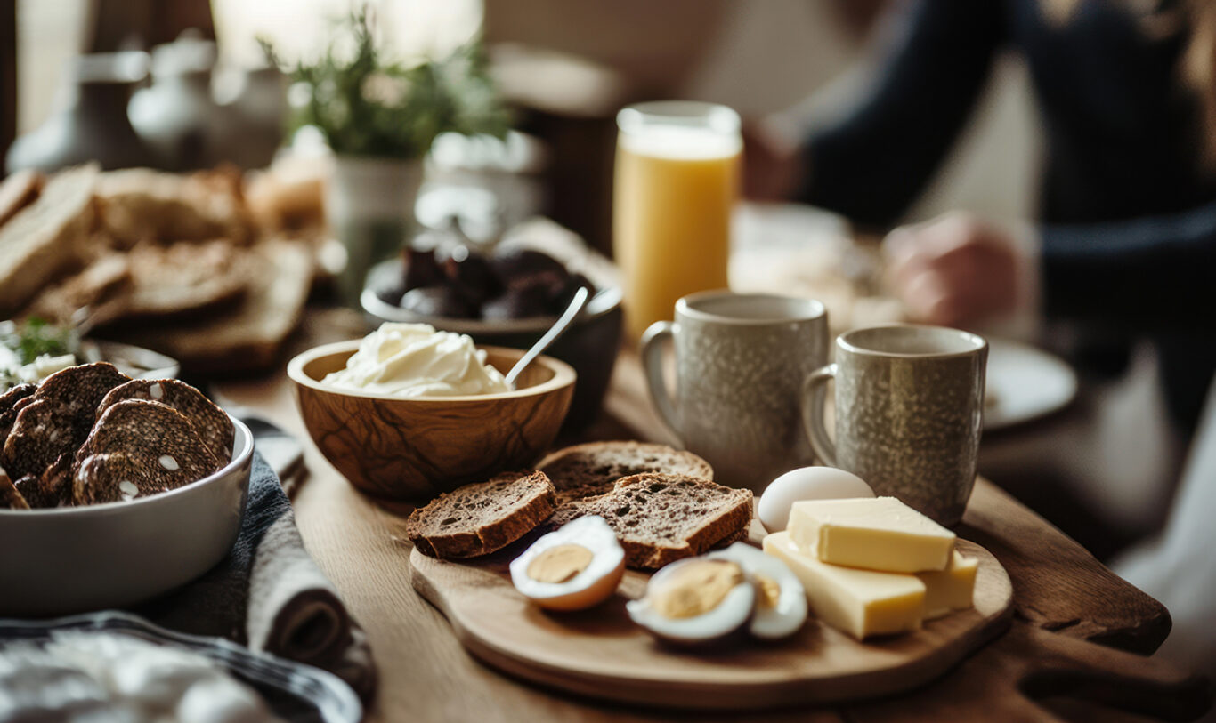 Traditional scandinavian breakfast with bread, salted herring or mackerel, fish, boiled eggs and dairy products, family breakfast, nostalgic cozy style, AI generated picture