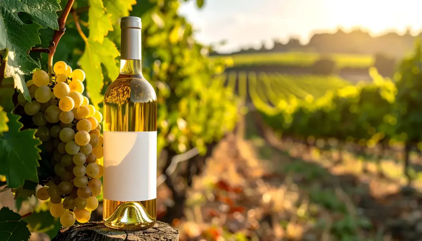 Close-up of a white wine bottle with grapes, set against the vineyard