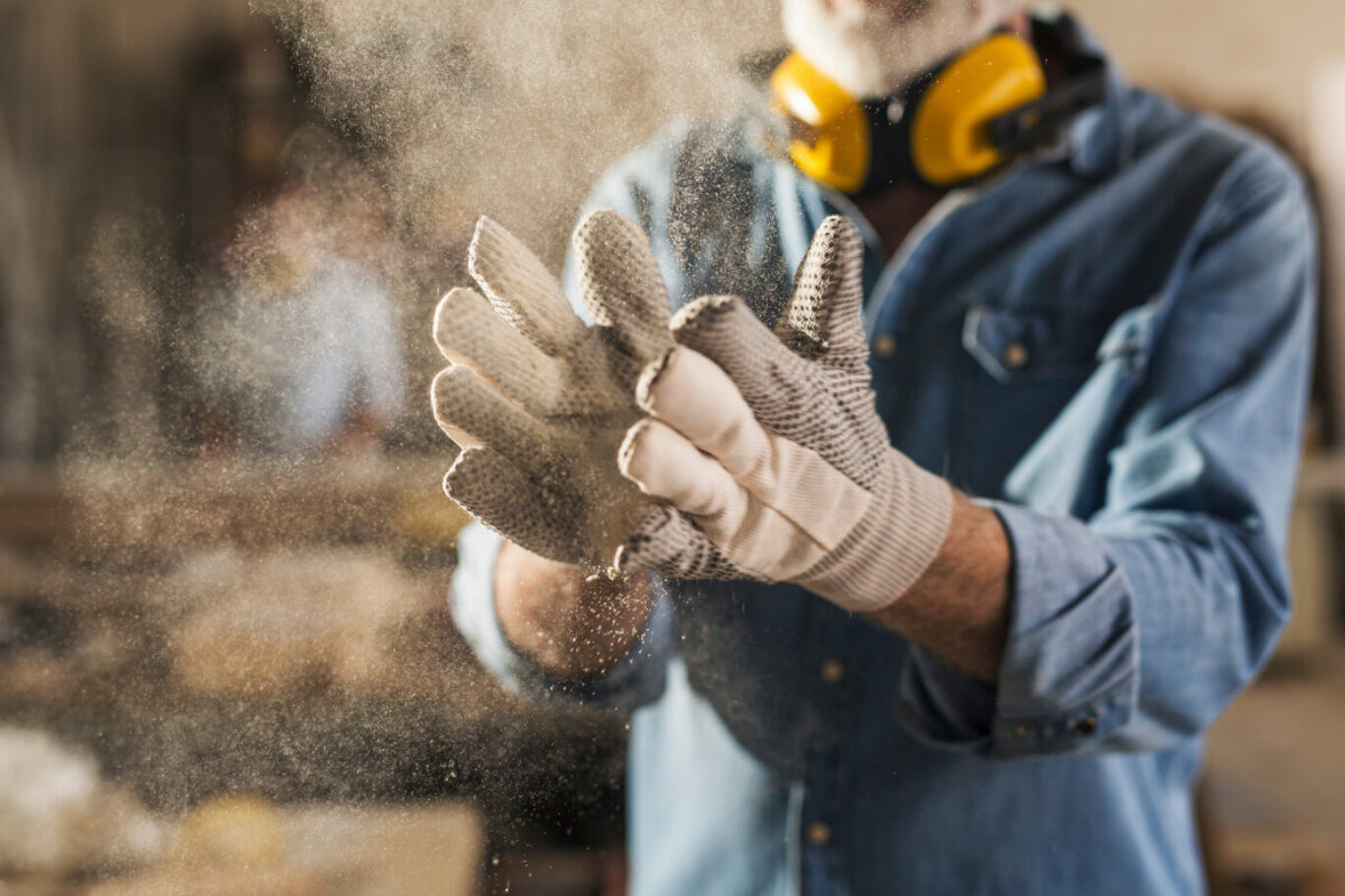 Unrecognizable male hands with work gloves on, clapping to remove sawdust