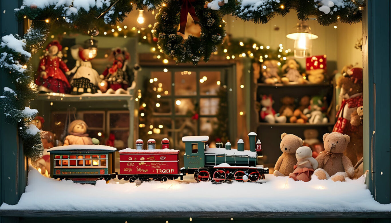 backdrop of an old-fashioned toy store window, filled with class