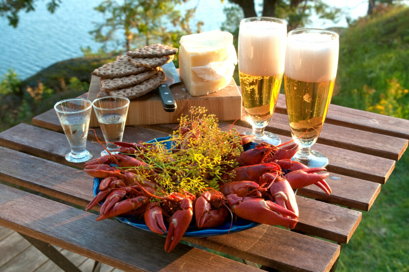 Table set for a traditional swedish crayfish party.