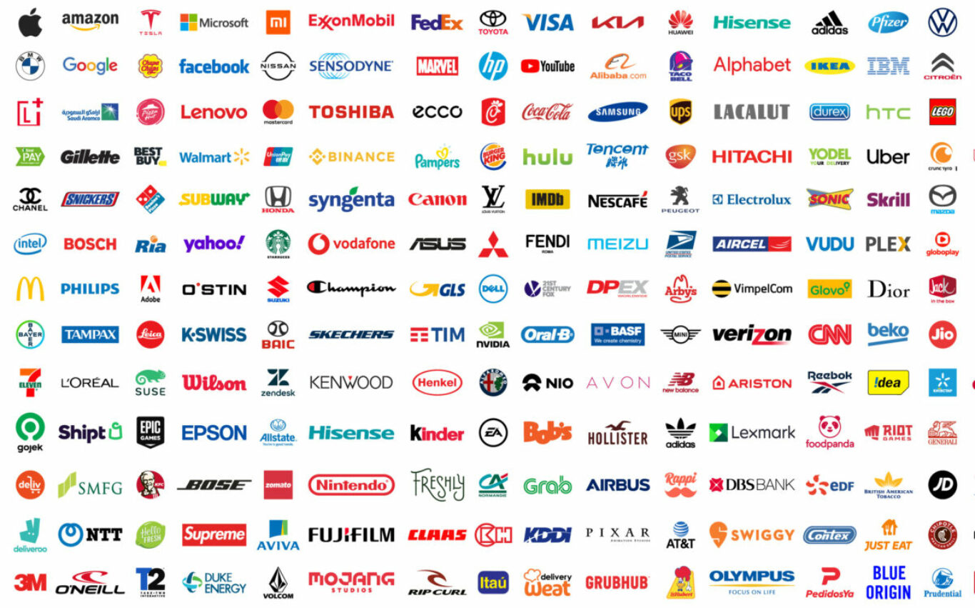 Kiev, Ukraine - August 22, 2021: Top 500 most popular famous and biggest world company logo brands. The largest and most powerful corporations in the world. Editorial vector
