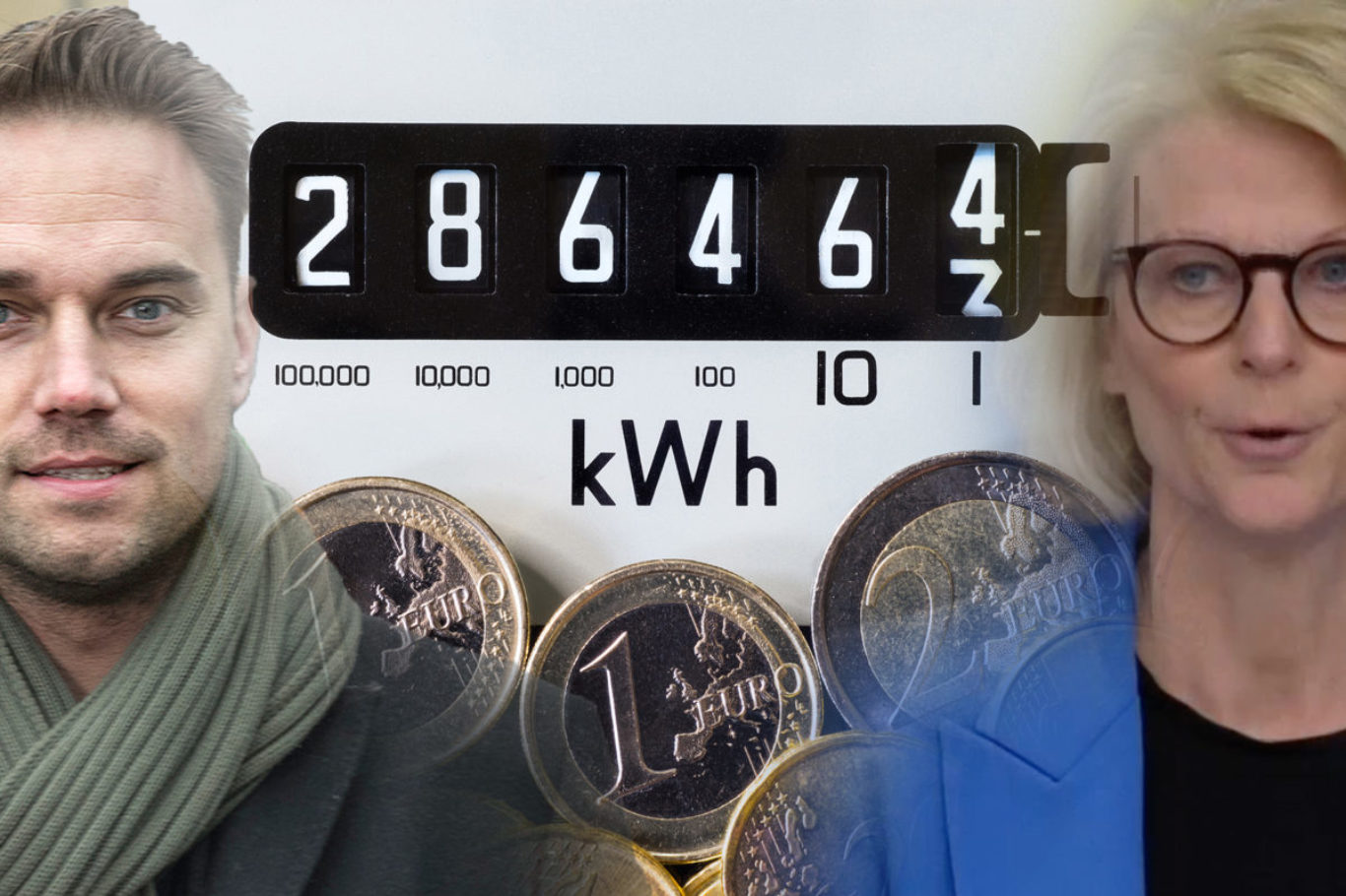 Close-up of electric meter and Euro coins. Focus on kWh symbol.