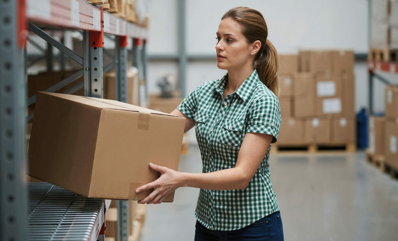 A woman in a green shirt lifting a cardboard box in a warehouse
