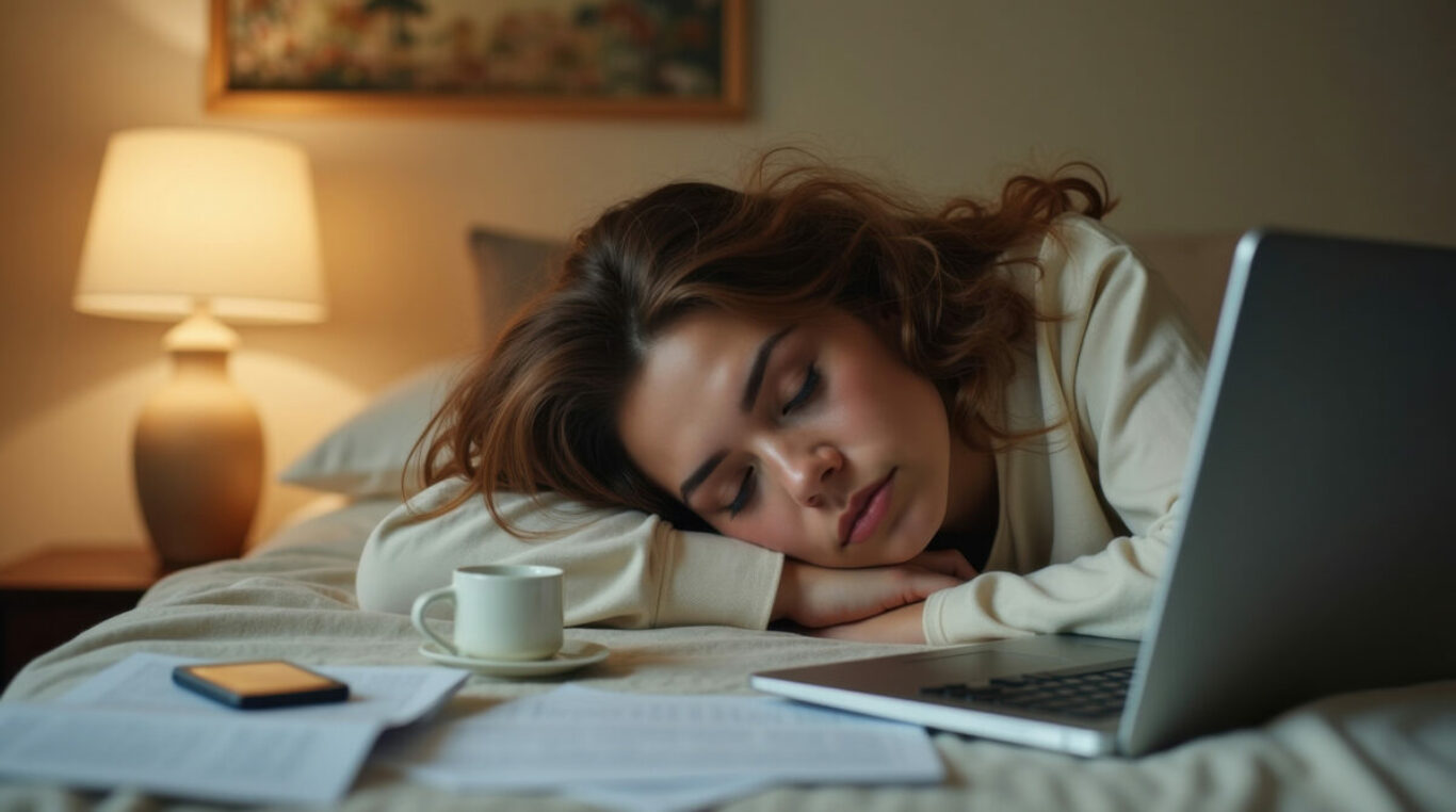 Mujer agotada durmiendo junto a una computadora en casa, concept