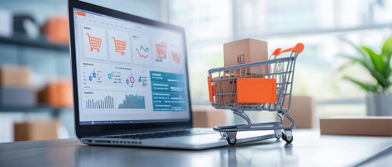 An E commerce dashboard on monitor displaying sales data and shopping cart