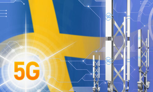 Sweden 5G network industrial illustration, big cellular tower or mast on modern background with the flag - 3D Illustration