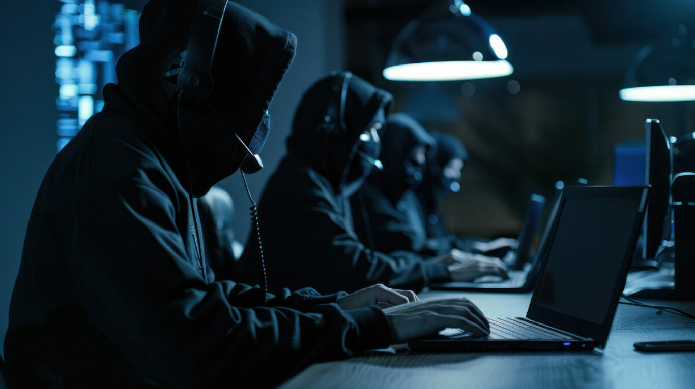 Call center scammer concept. Swindler criminals in black hood wearing mask and headsets and using computer in a call center office.