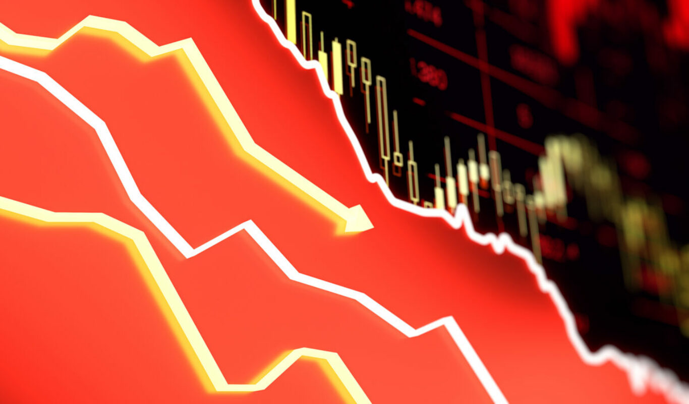 A digital image featuring a bearish stock market trend with red and yellow colors on a dark background, concept of financial crisis. 3D Rendering