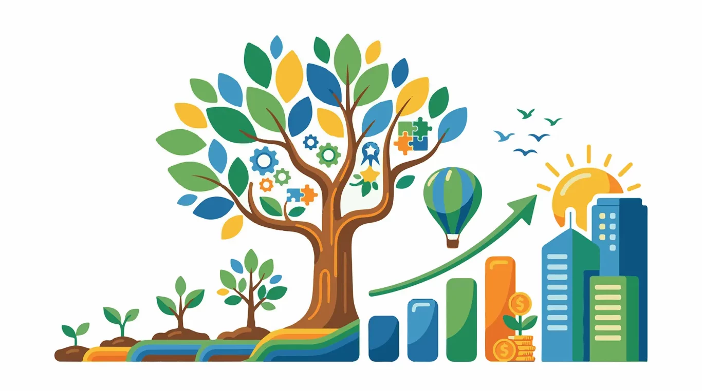 Growing tree with branches bearing puzzle pieces gears and award