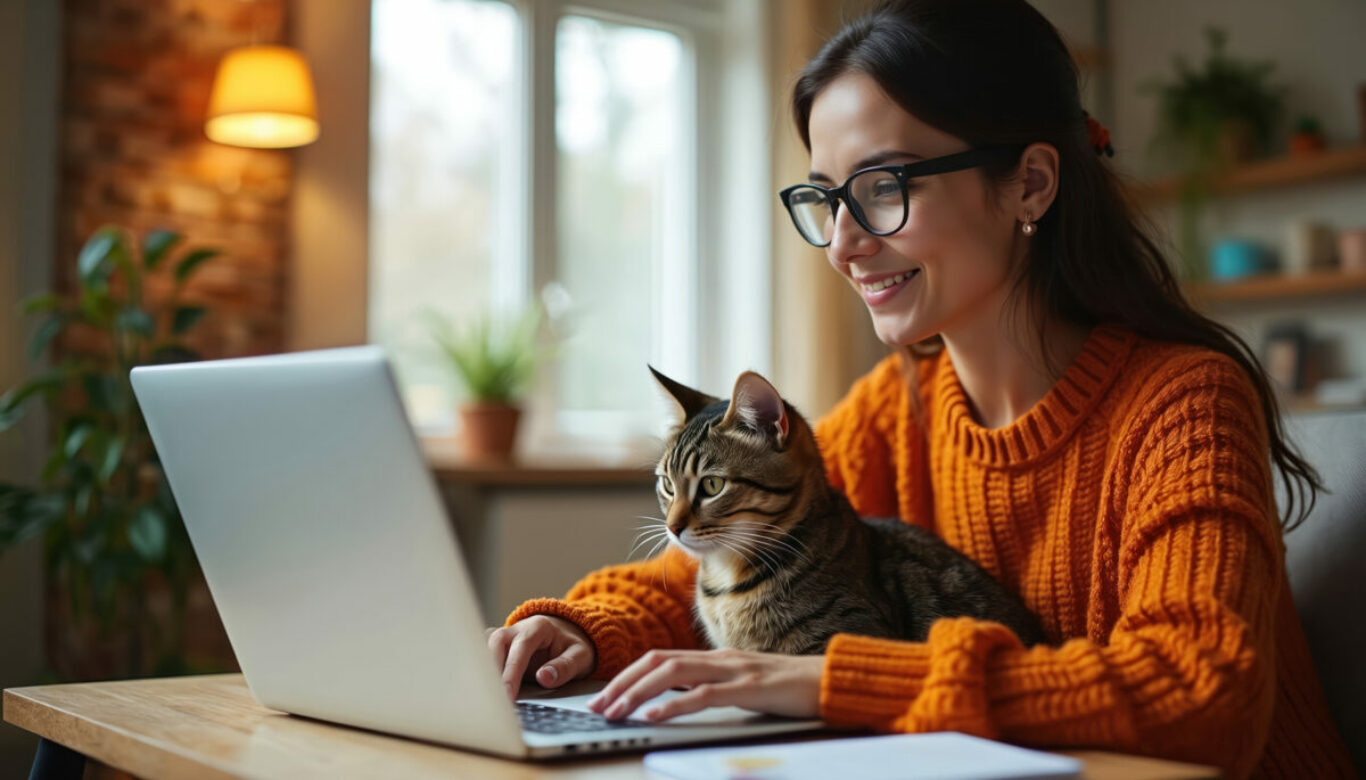 Young woman works laptop at home with cat. Remote work, online shopping, e-learning, working from home concept. Freelancer, student doing work from home. Cozy workplace friendly atmosphere with pet.
