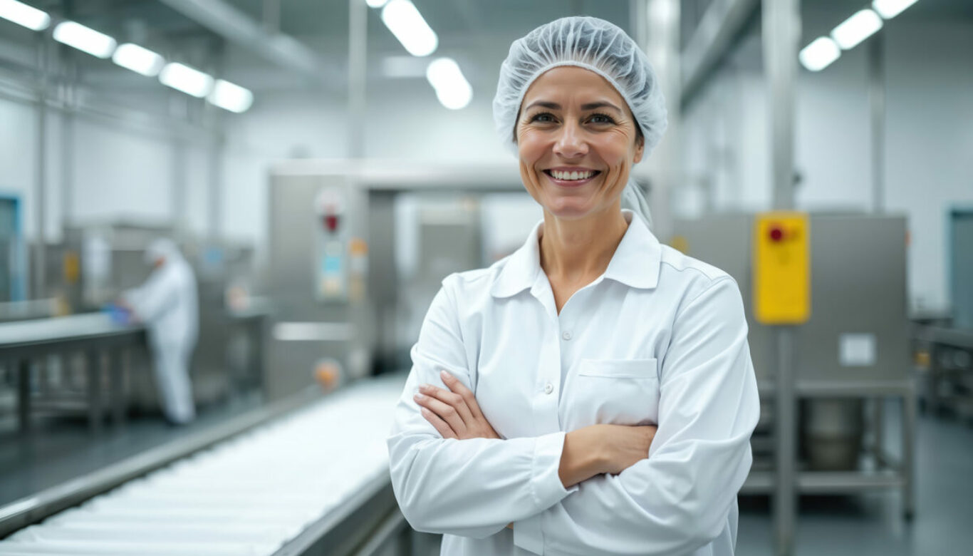 Smiling woman in white lab coat and hairnet standing with arms crossed in food factory production area. She looks confident and happy overseeing operations. Another worker visible on conveyor belt.