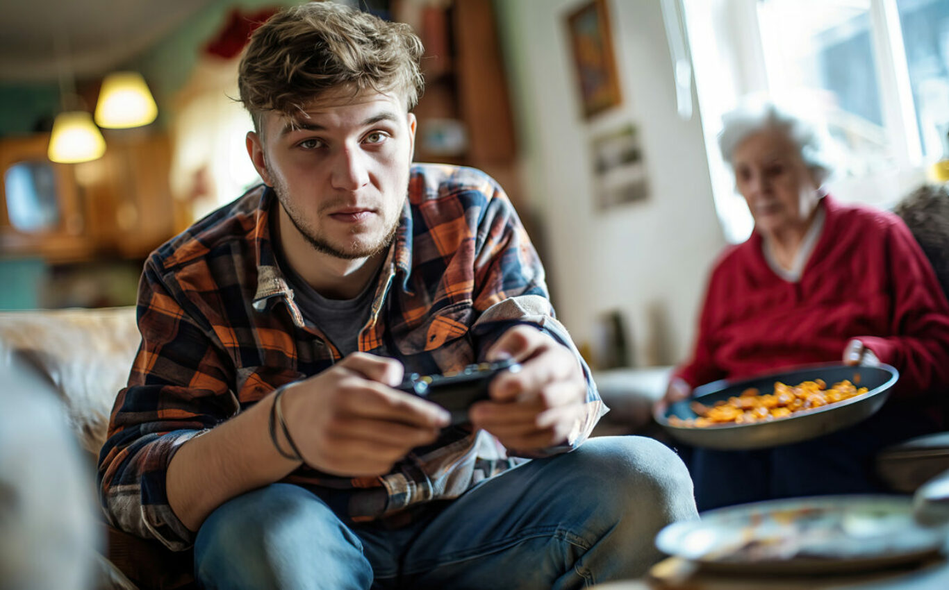 NEET young man not studying and unemployed playing video games,