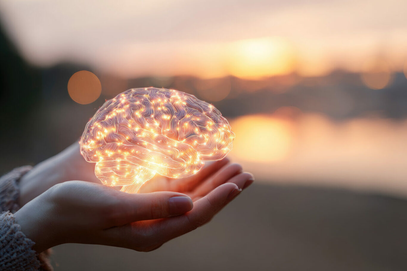 Glowing brain held in hands at sunset (1)