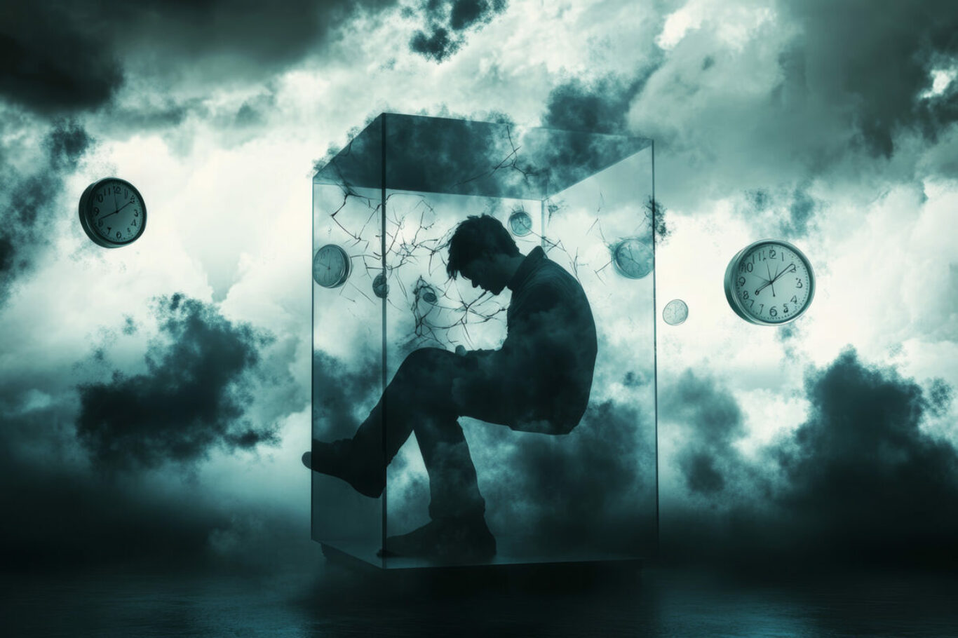 A person trapped inside a glass box, surrounded by dark clouds and broken clocks. --ar 3:2 --v 6.1 Job ID: f2e25752-f31d-4749-a4dd-3063559d954b