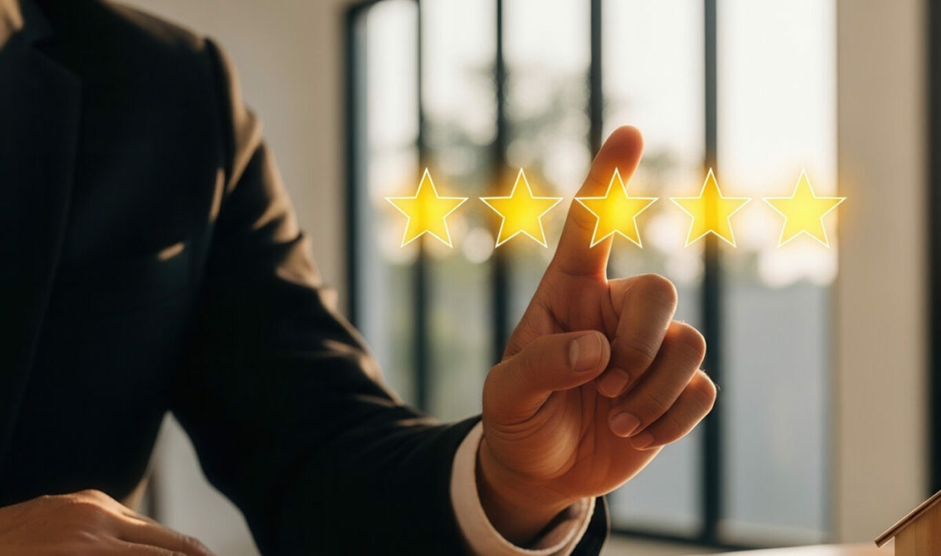 Realtor pointing at five stars next to sold house model and keys