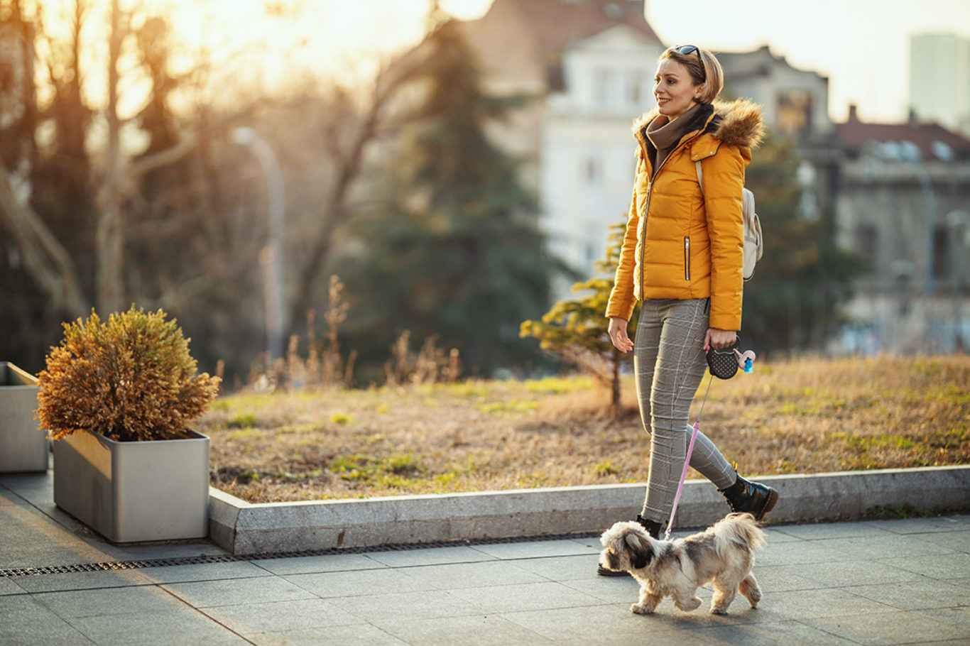 Beautiful young fashion woman is spending time with her cute pet dog, walking along the city street.