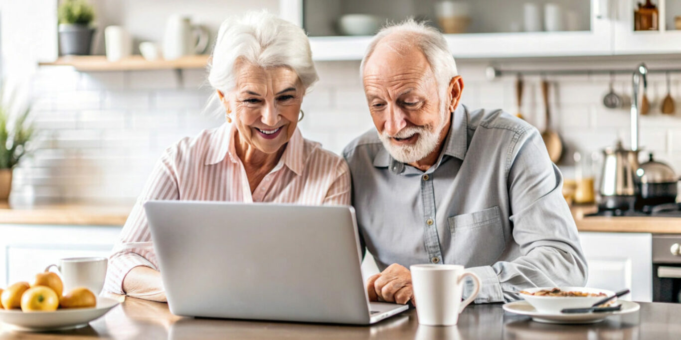 Senior Couple Enjoying Technology Together at Home. A cheerful e