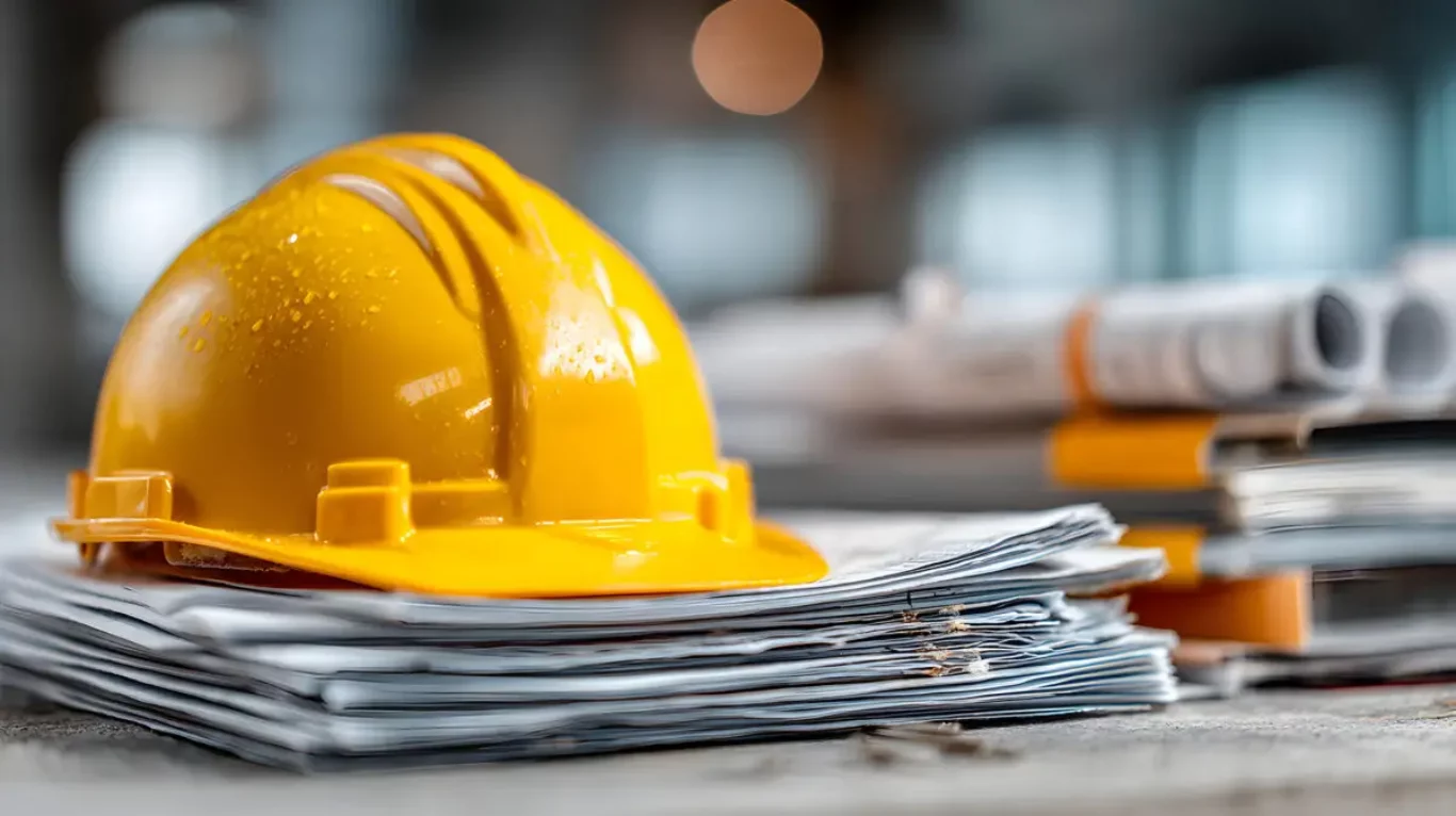 Yellow hard hat stack construction documents, safety compliance,