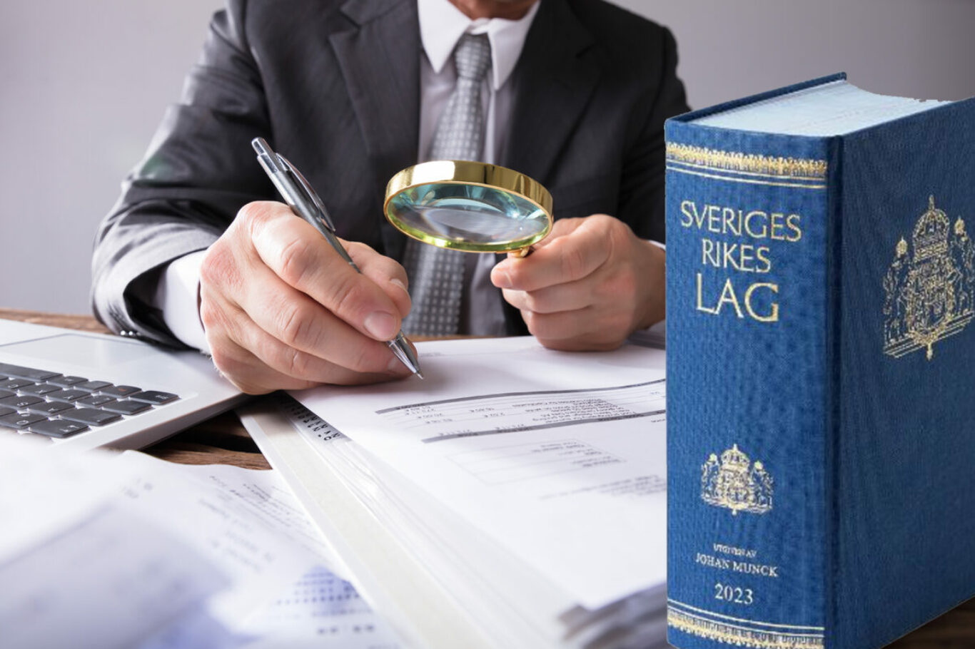 Close-up Of A Businessperson's Hand Looking At Receipts Through Magnifying Glass At Workplace