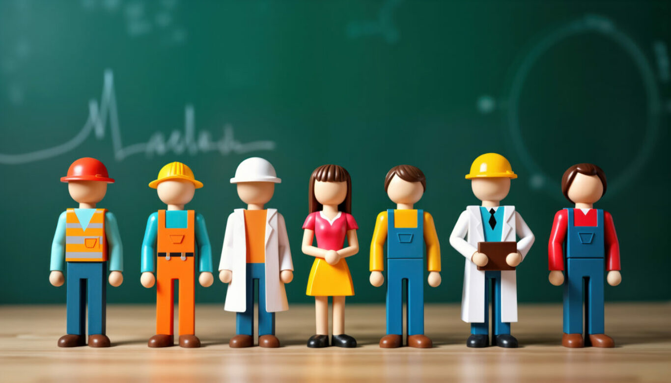 Wooden figurines representing different professions stand in row on wooden surface. Colorful figures wear various uniforms signifying diverse jobs like construction workers, doctors office workers.
