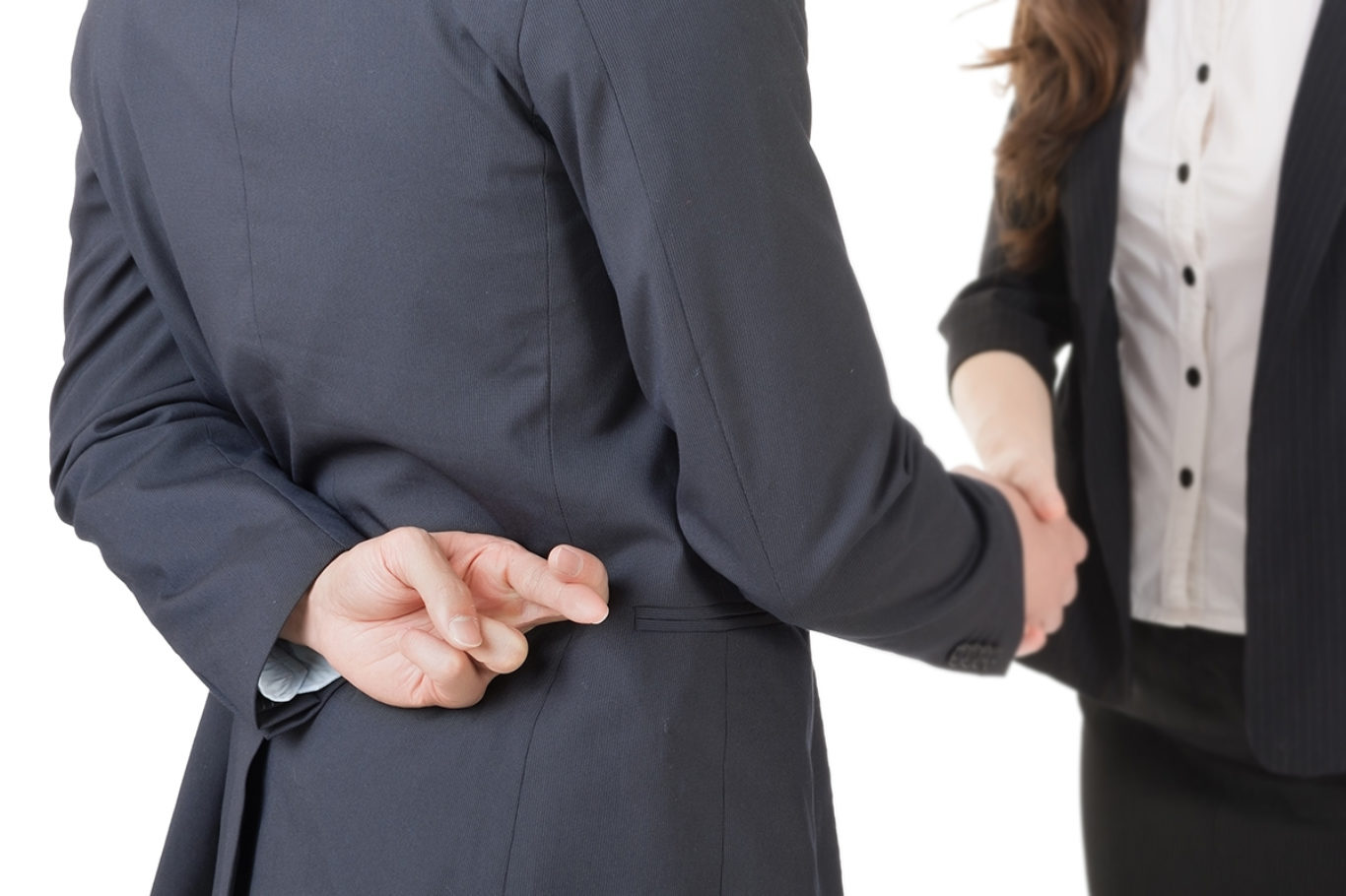 Business woman and man shake hands and put finger cross on back, closeup portrait isolated on white background.